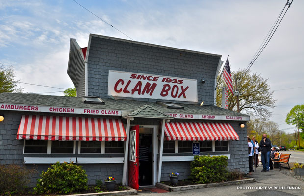 A restaurant with an american flag on the awning.