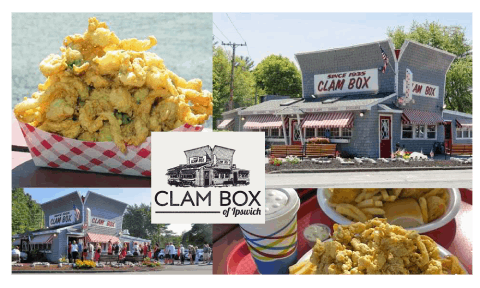 A collage of photos with the clam box logo.